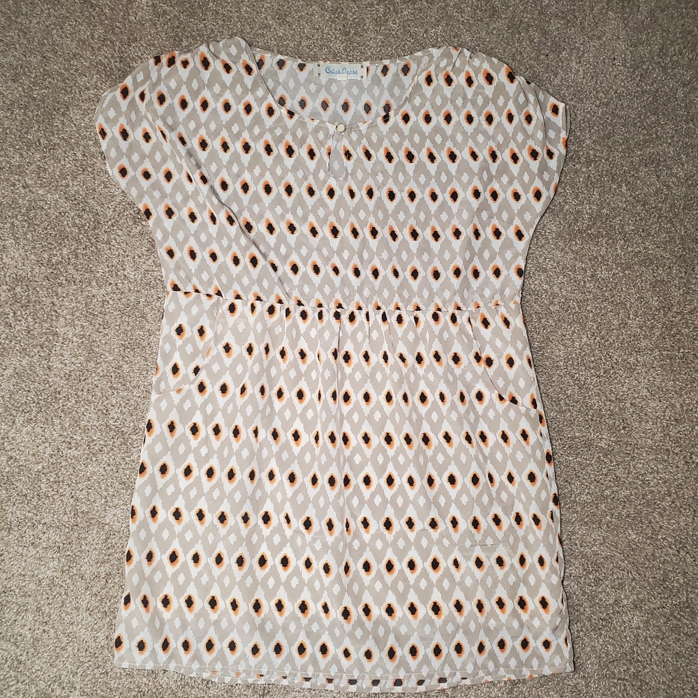 Criss Cross Tan Aztec Sheer Short Sleeve Midi Womans Dress Small
